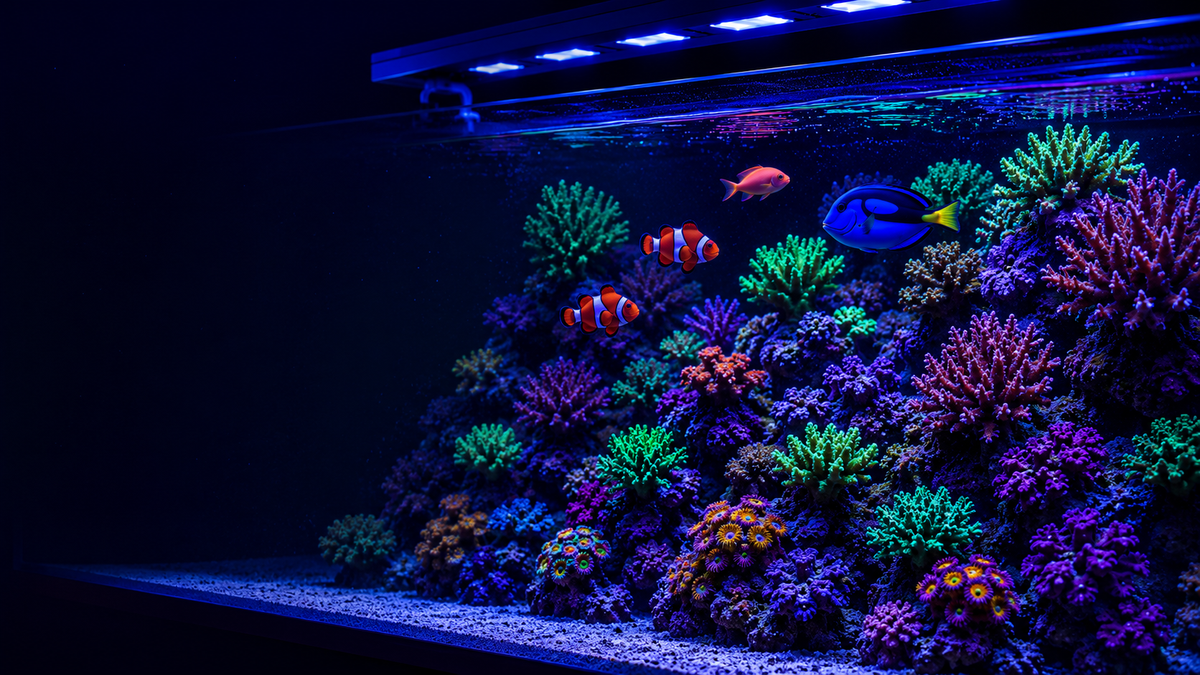 Colourful reef aquarium containing corals and tropical fish